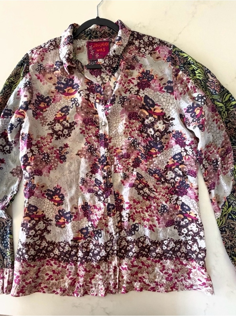 Johnny Was Floral Rayon Blouse in Pink, Brown & Cream